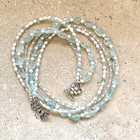 Aquamarine & Pearl Three Stand Beaded Necklace