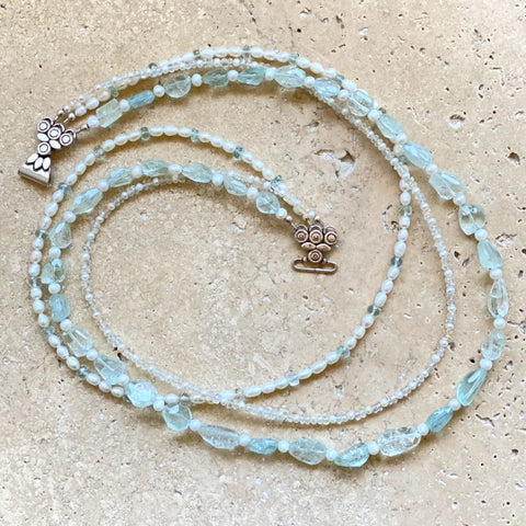 Aquamarine & Pearl Three Stand Beaded Necklace