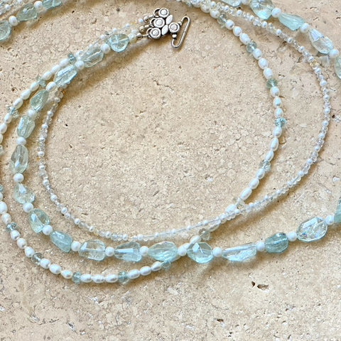 Aquamarine & Pearl Three Stand Beaded Necklace