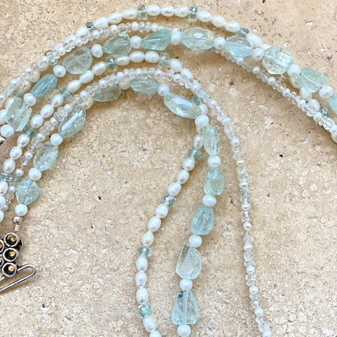 Aquamarine & Pearl Three Stand Beaded Necklace