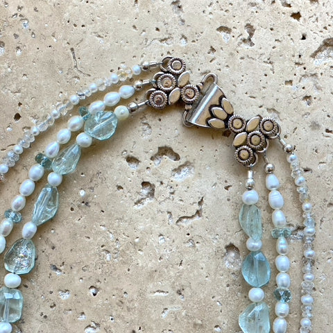 Aquamarine & Pearl Three Stand Beaded Necklace