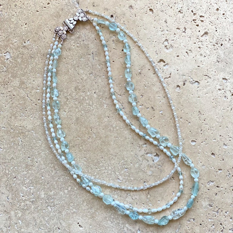 Aquamarine & Pearl Three Stand Beaded Necklace