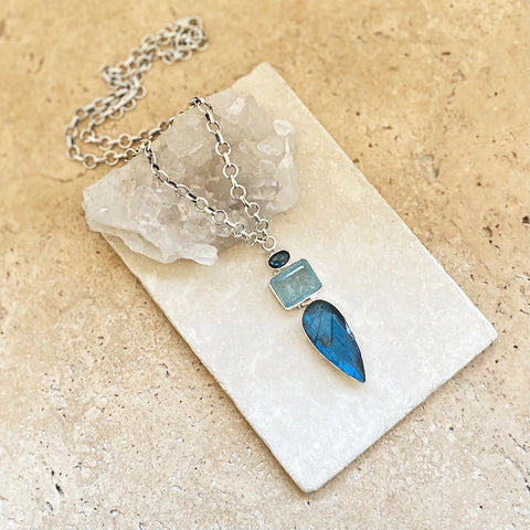 Aquamarine, London Blue Topaz & Labradorite Necklace