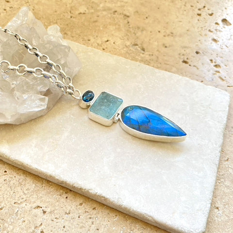 Aquamarine, London Blue Topaz & Labradorite Necklace