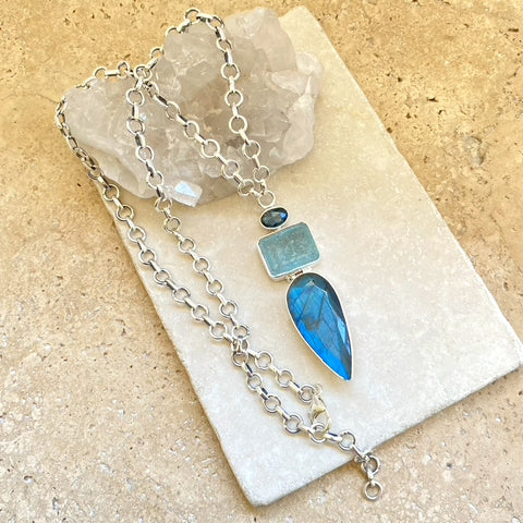 Aquamarine, London Blue Topaz & Labradorite Necklace