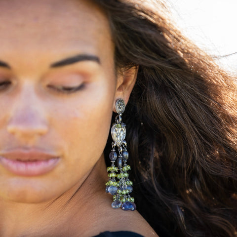 Beaded Tribal Earrings with Peridot & Iolite