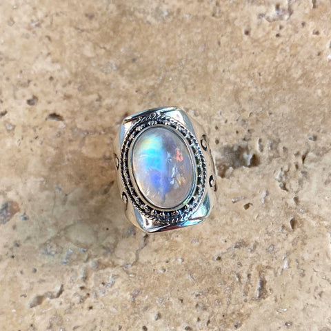 Rainbow Moonstone Oval Gemstone Ring - Jali