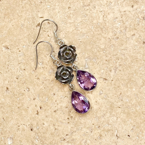 Amethyst Silver Rose Earrings