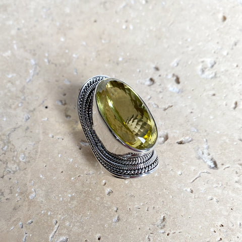 Lemon Quartz Long Oval Gemstone Ring - Devi