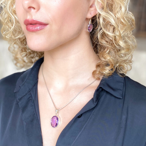 Amethyst Oval Hand Faceted Pendant & Earring Set - Grace