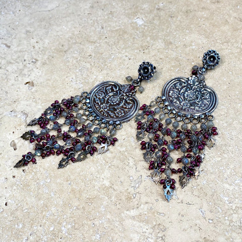 Labradorite & Garnet Beaded Earrings - Bukhara