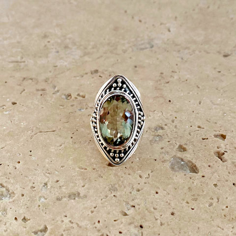 Green Amethyst Faceted Oval Gemstone Ring - Omana