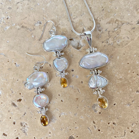 Pearl And Citrine Waterfall Pendant And Earring Set