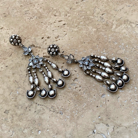 Sterling Silver Indian Tassel Earrings - Banjara Kundan 01
