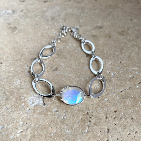 Rainbow Moonstone Oval Gemstone Bracelet - Peony