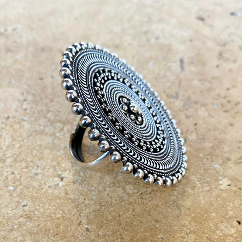 Sterling Silver Afghani Flower Disc Ring