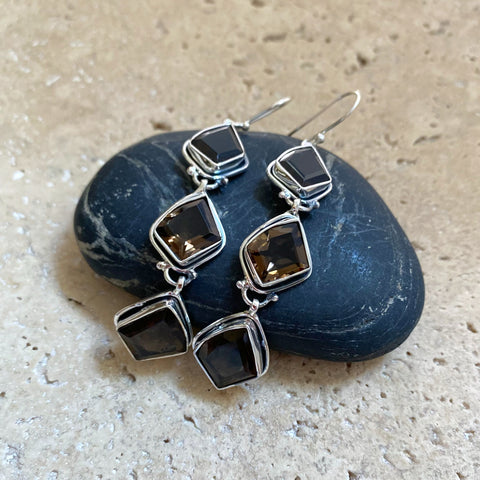 Smoky Quartz Earrings with Unique Faceted Gems - Melange