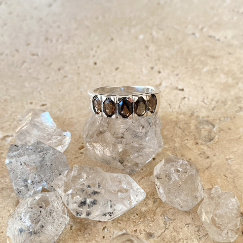 Smoky Quartz Ring with Five Oval Gemstones- Eternity